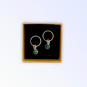 Emerald hoops - 14mm 14kt gold filled gemstone bezel earrings
