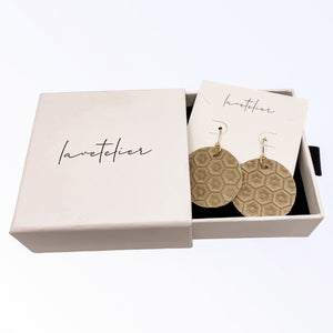 Leather Earrings - Circle Earrings - Beige Honeycomb